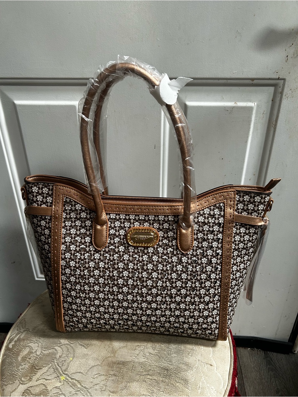 Brangio Italy Brown Coated Patterned Tote Bag with Leather Trim